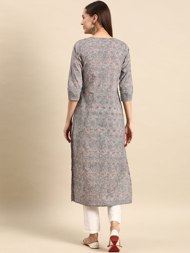 Grey Pure Cotton Printed Kurti