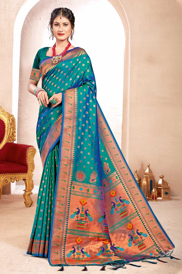 Turquoise Paithani Art Silk Saree