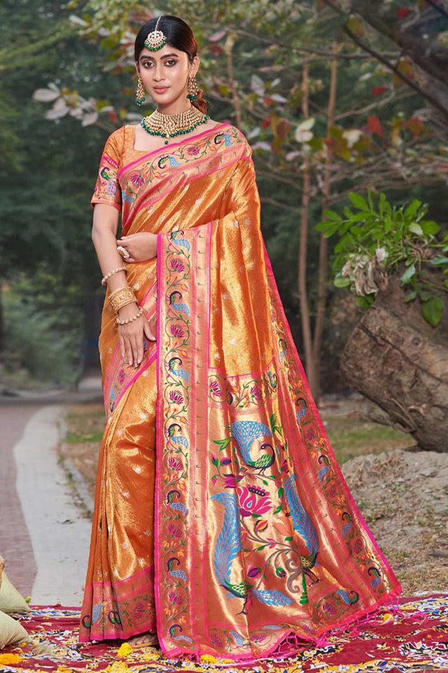Orange Paithani Art Silk Saree