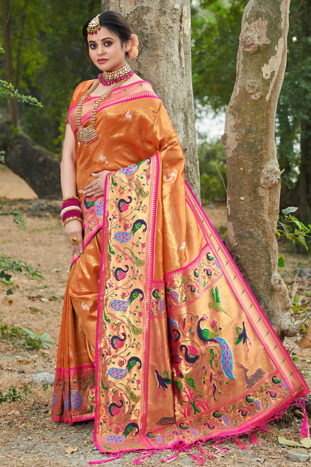 Orange Paithani Art Silk Saree