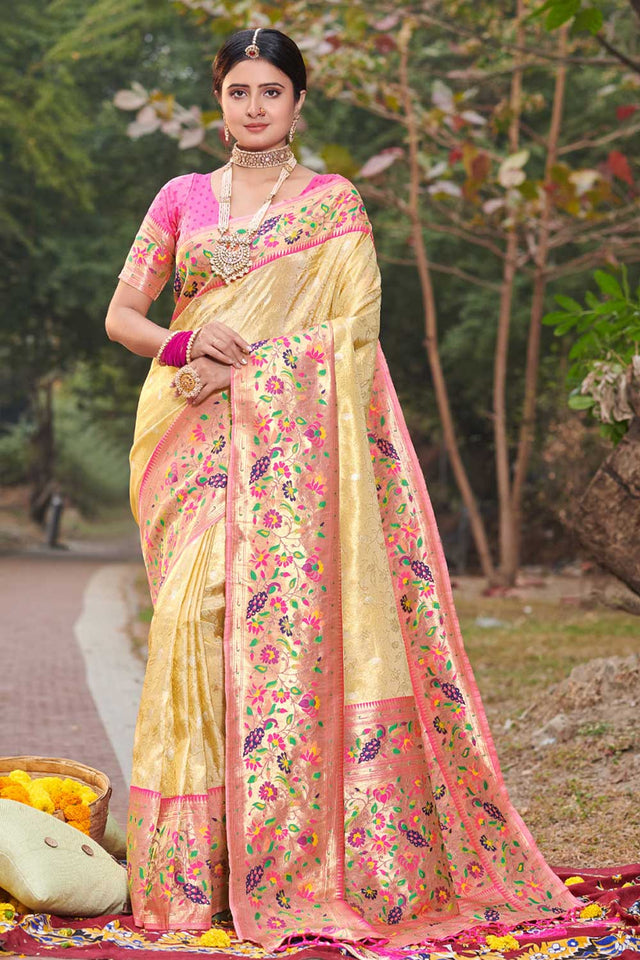 Cream Paithani Art Silk Saree