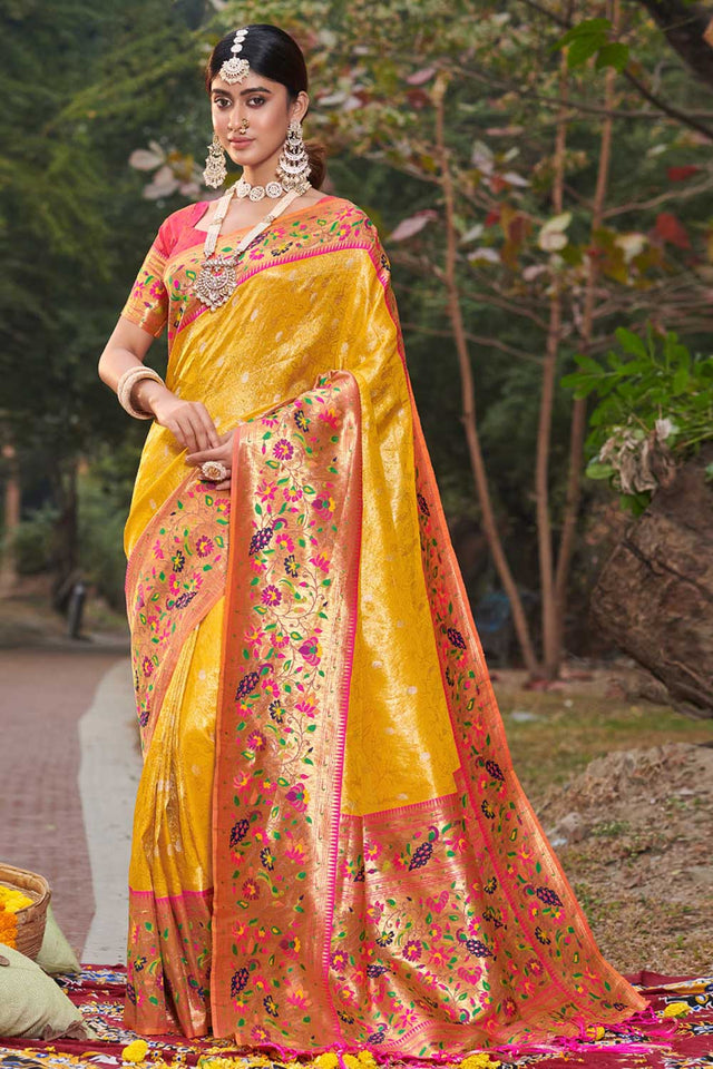 Yellow Paithani Art Silk Saree