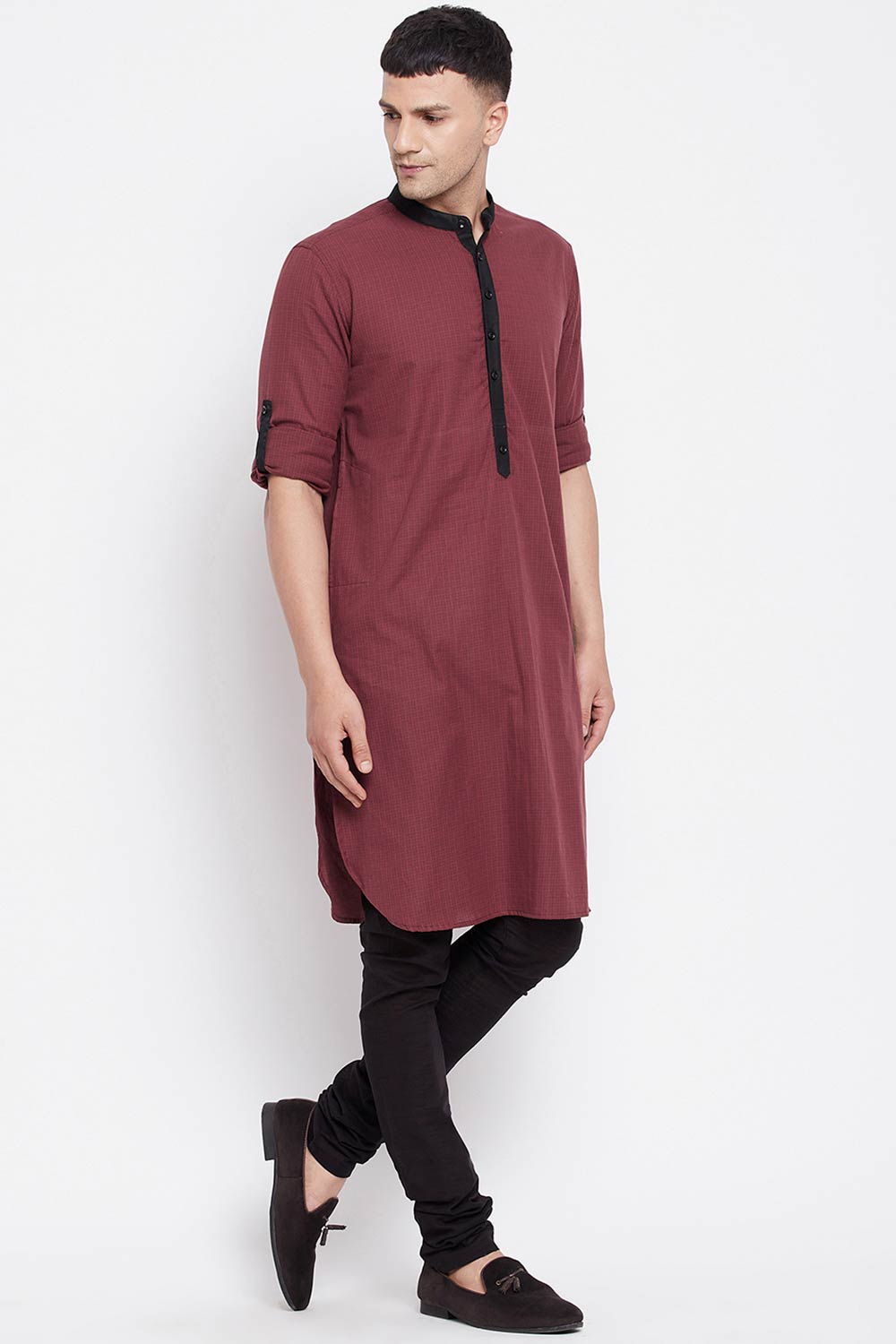 Buy Men's Pure Cotton Solid Long Kurta in Maroon - Side