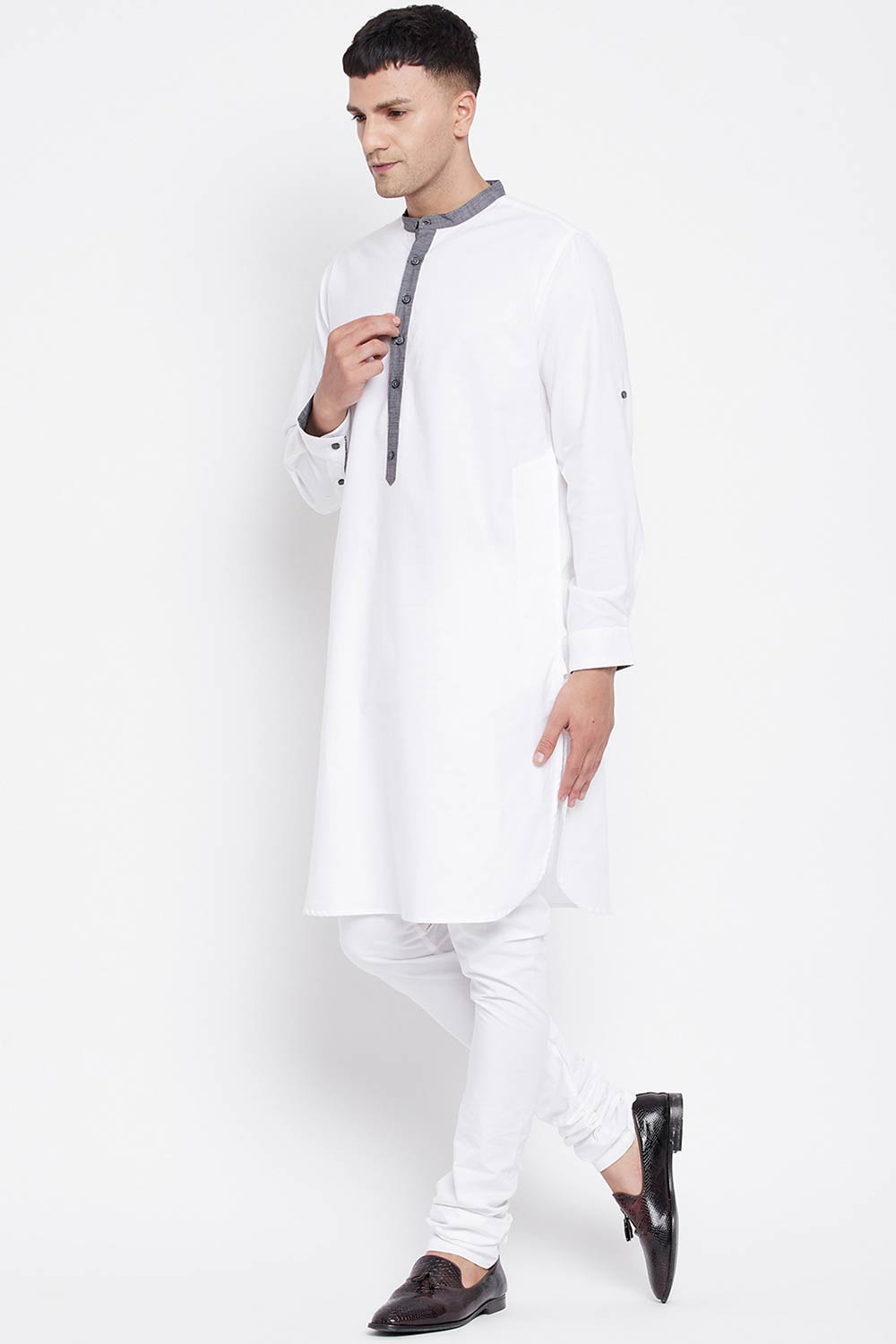 Buy Men's Pure Cotton Solid Long Kurta in White - Back