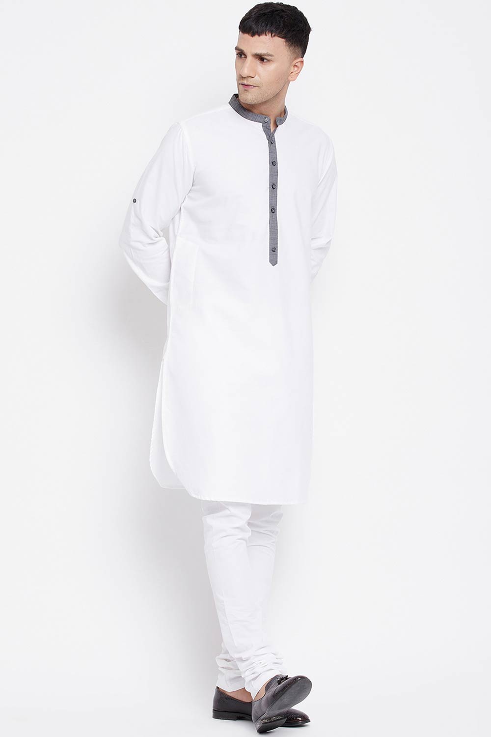 Buy Men's Pure Cotton Solid Long Kurta in White - Side