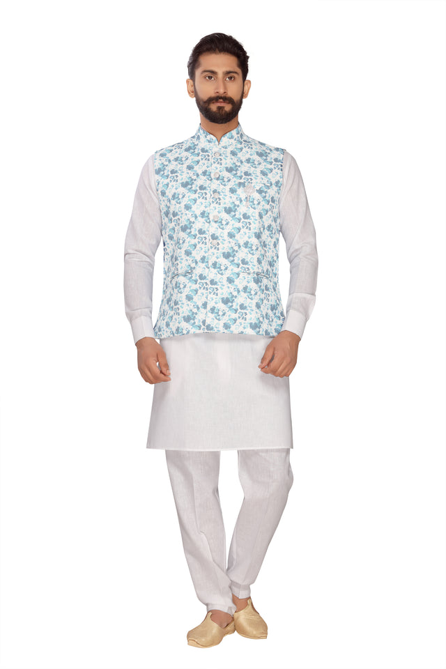 Men's Jute Nehru Jacket With Kurta Pajama Set In Sky Blue