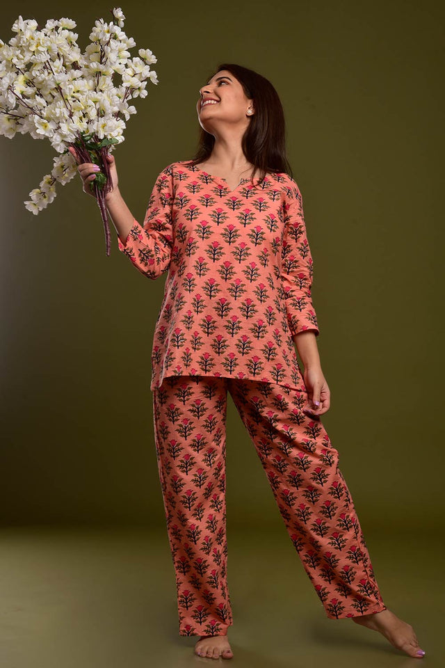 Buy Cotton Floral Print Nightwear in Peach - Back