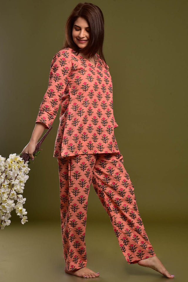 Buy Cotton Floral Print Nightwear in Peach - Side