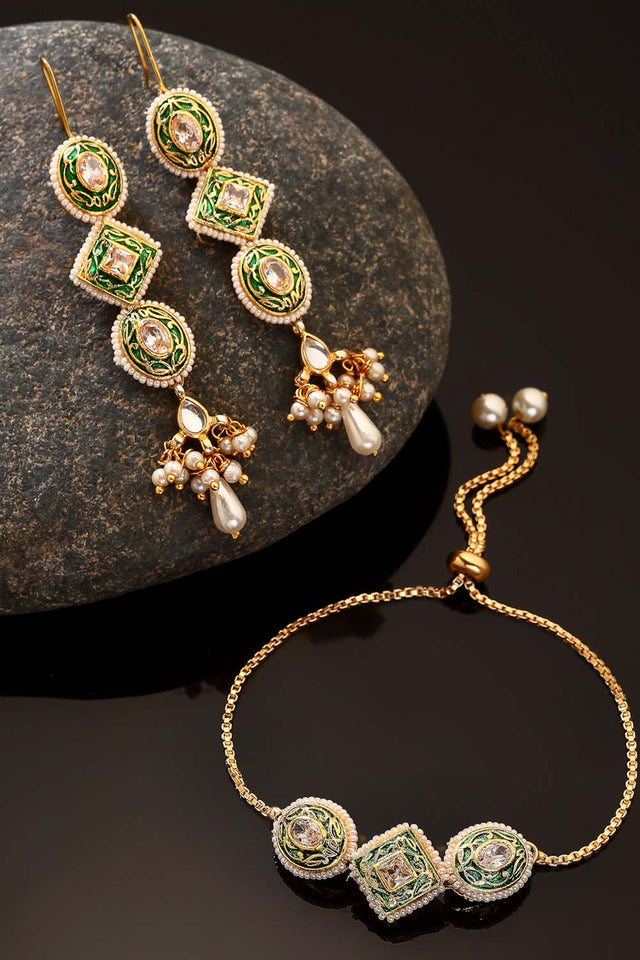 Buy Women's Sterling Silver Earring and Bracelet Set in Green Online - Front