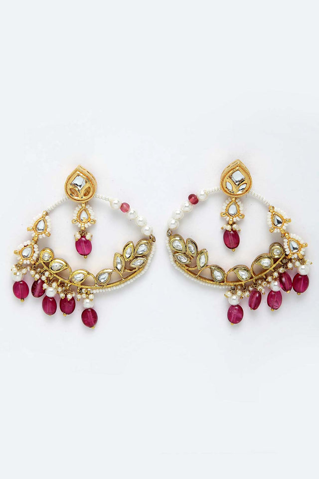 Pink And White Gold-Plated Kundan And Pearls Chandbali Earring