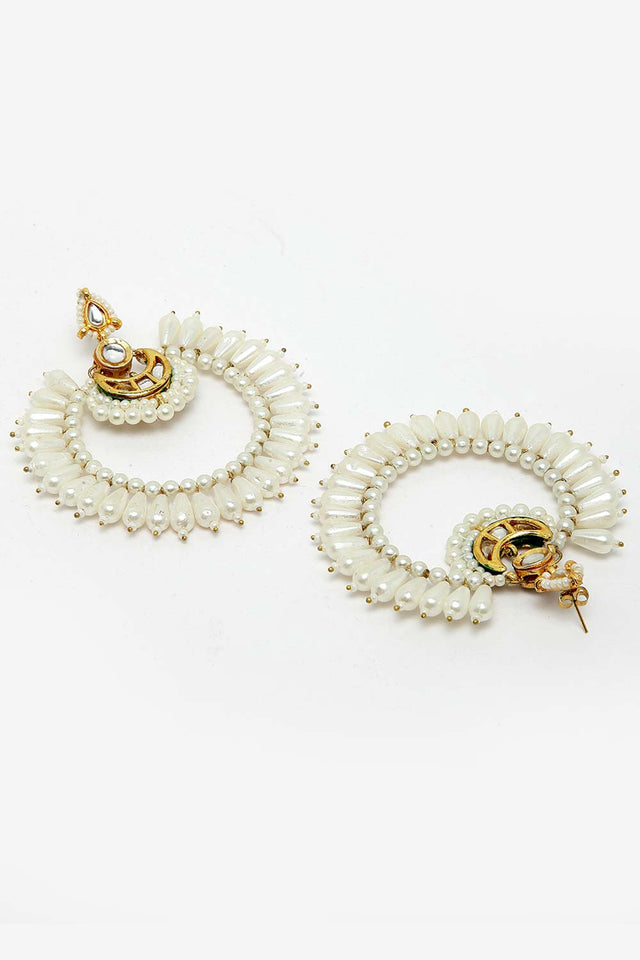 White Gold-Plated Kundan And Pearls Chandbali Earring