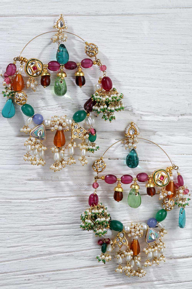 Multi-Color And Gold Gold-Plated Kundan And Pearls Chandbali Earring