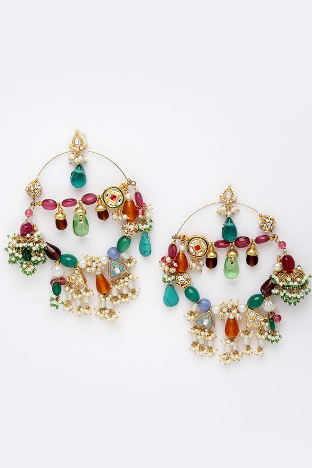 Multi-Color And Gold Gold-Plated Kundan And Pearls Chandbali Earring