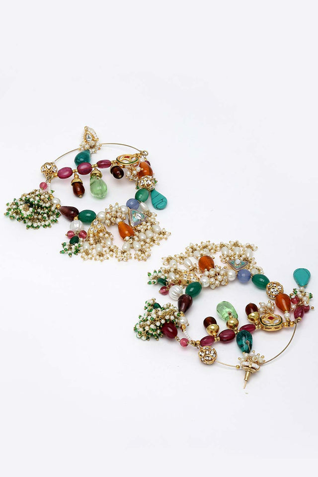 Multi-Color And Gold Gold-Plated Kundan And Pearls Chandbali Earring