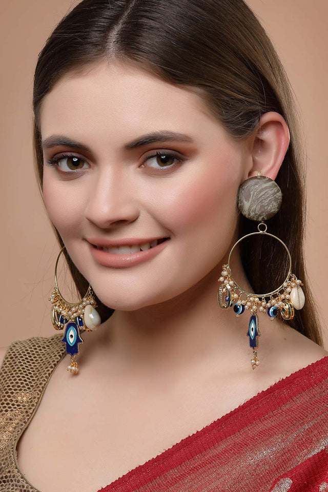 Blue And White Gold-Plated Kundan And Pearls Chandbali Earring (DGEC22020)