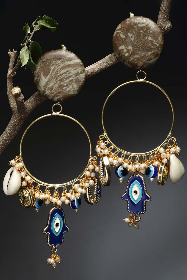 Blue And White Gold-Plated Kundan And Pearls Chandbali Earring (DGEC22020)