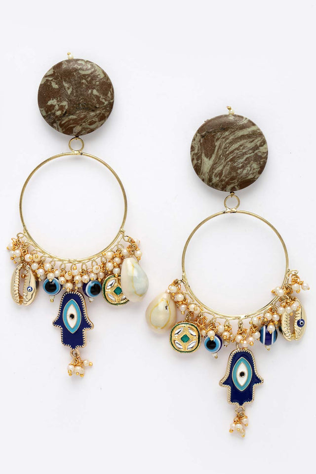 Blue And White Gold-Plated Kundan And Pearls Chandbali Earring (DGEC22020)