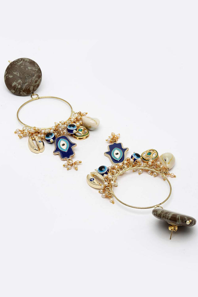 Blue And White Gold-Plated Kundan And Pearls Chandbali Earring (DGEC22020)