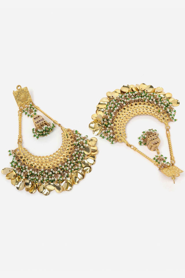 Gold And Green Chand Bali Earring With Pearls And Natural Stones