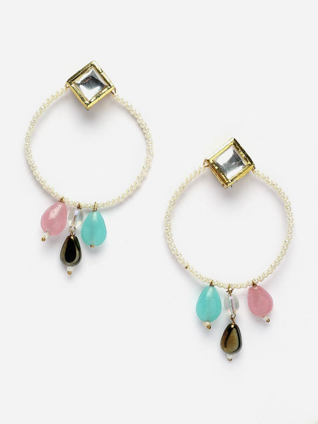 Pink And Blue Chand Bali Earring With Kundan And Pearls
