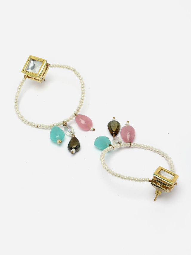 Pink And Blue Chand Bali Earring With Kundan And Pearls