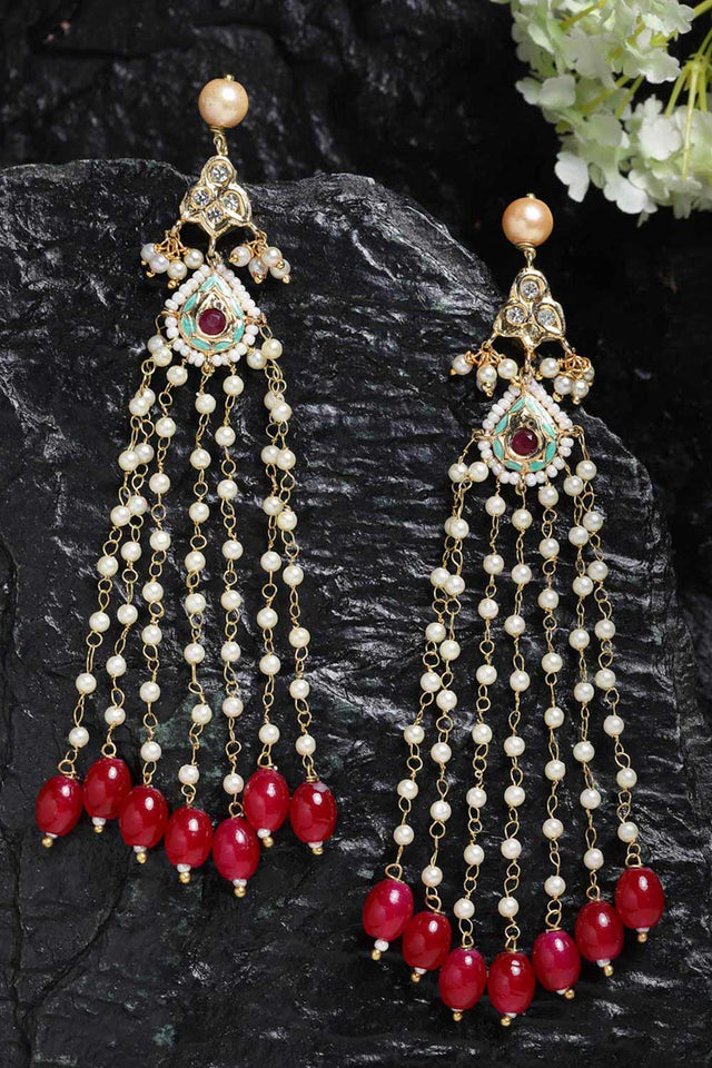 Buy Women's Sterling Silver Kundan Drop Earring in Red - Back