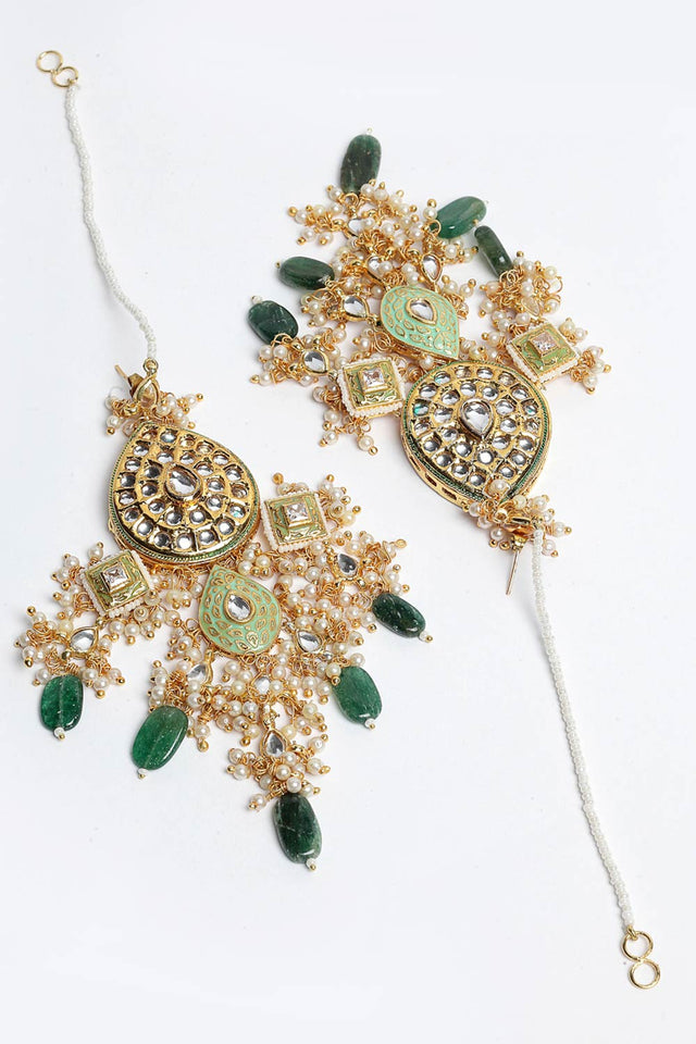 Buy Women's Sterling Silver Kundan Drop Earring with Kanchain in Light Green - Front