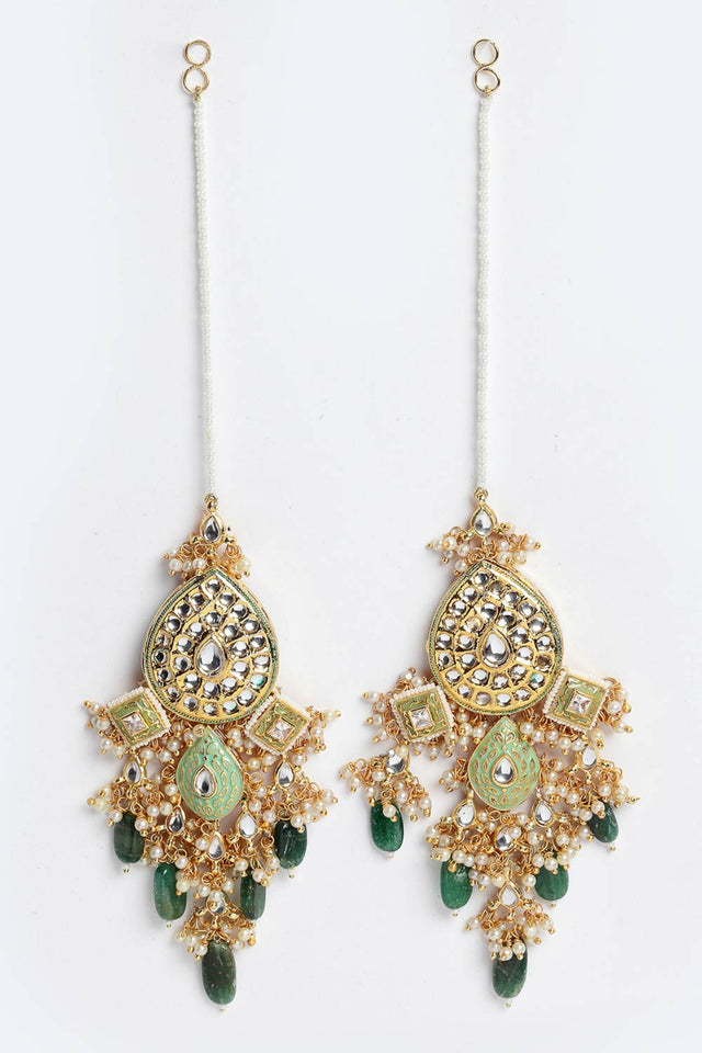 Buy Women's Sterling Silver Kundan Drop Earring with Kanchain in Light Green - Side