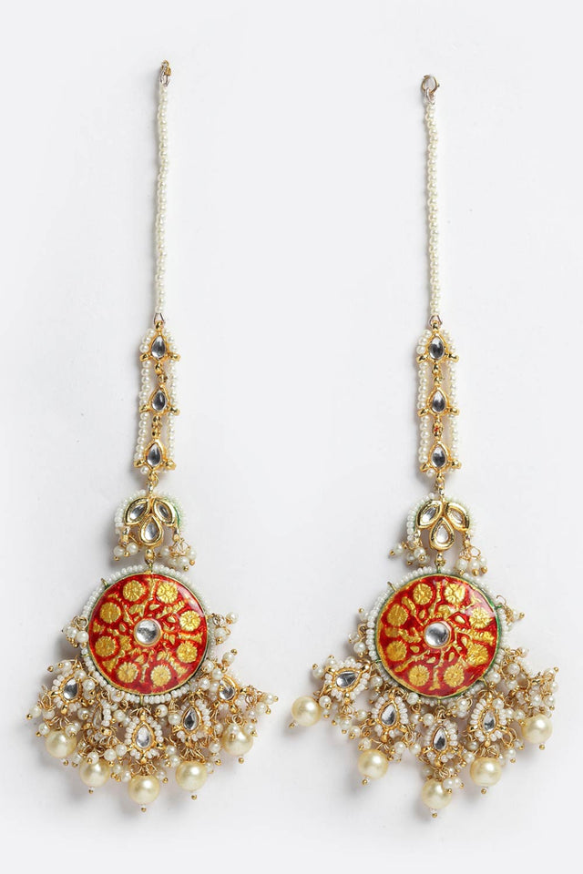 Buy Women's Sterling Silver Kundan Drop Earring with Kanchain in Maroon - Front