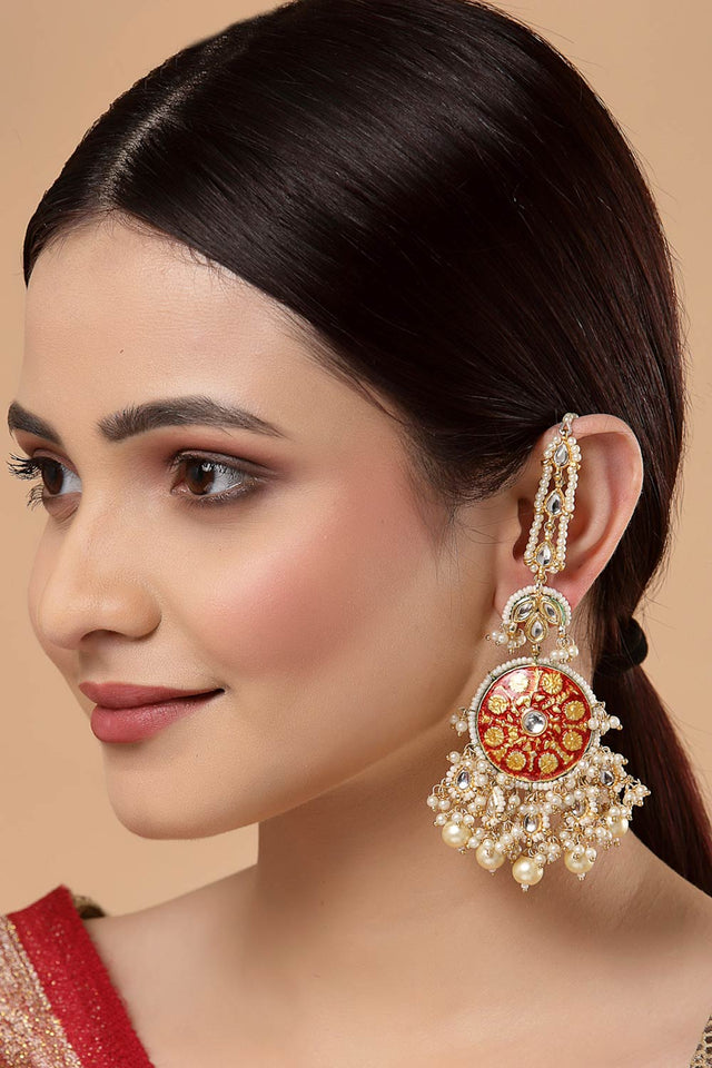 Buy Women's Sterling Silver Kundan Drop Earring with Kanchain in Red