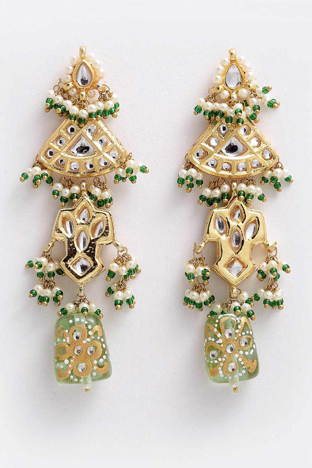 Buy Women's Sterling Silver Kundan Drop Earring in Green - Front
