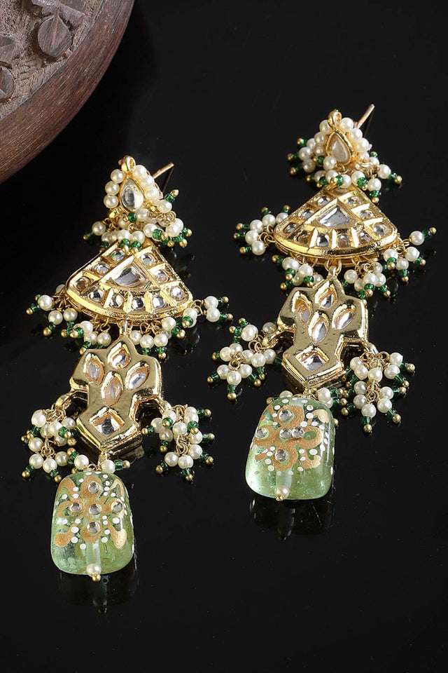 Buy Women's Sterling Silver Kundan Drop Earring in Green - Side