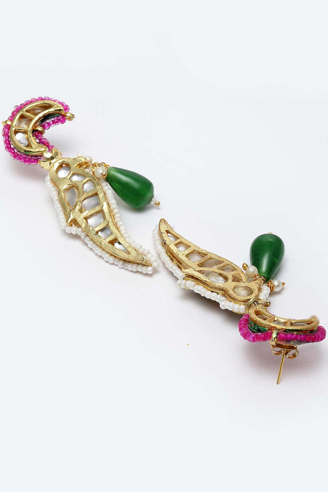 Pink And Green Gold-Plated Kundan And Pearls Dangler Earring
