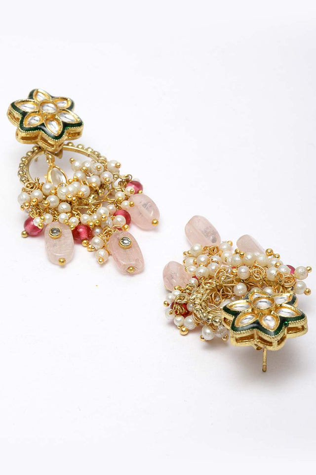 Pink And Green Gold-Plated Kundan And Pearls Dangler Earring