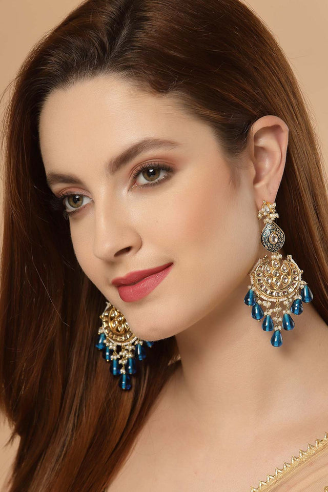 Blue And White Gold-Plated Kundan And Pearls Dangler Earring