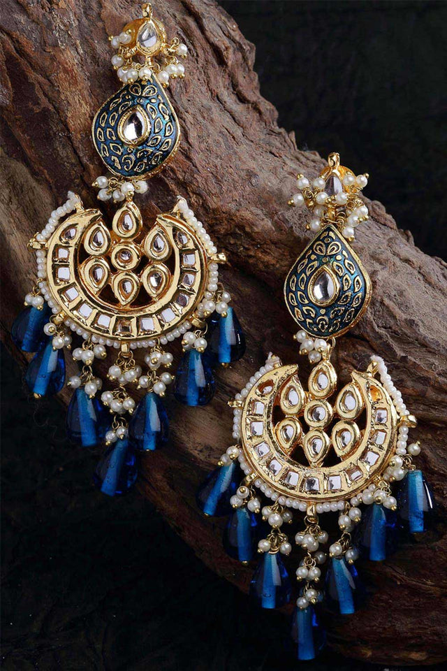 Blue And White Gold-Plated Kundan And Pearls Dangler Earring