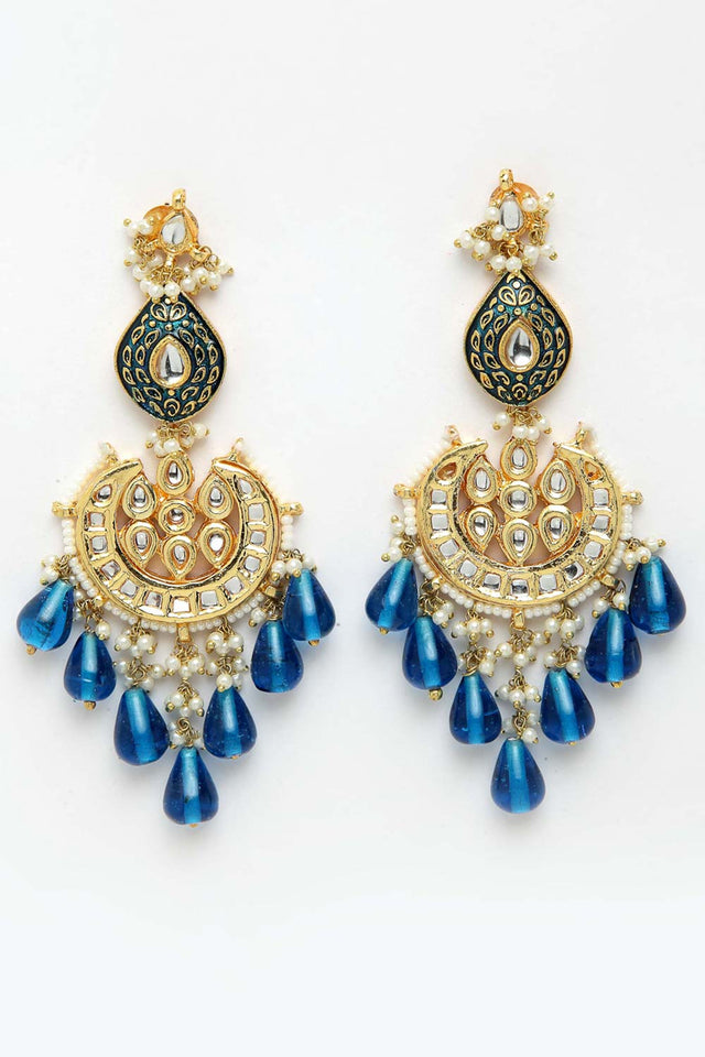 Blue And White Gold-Plated Kundan And Pearls Dangler Earring