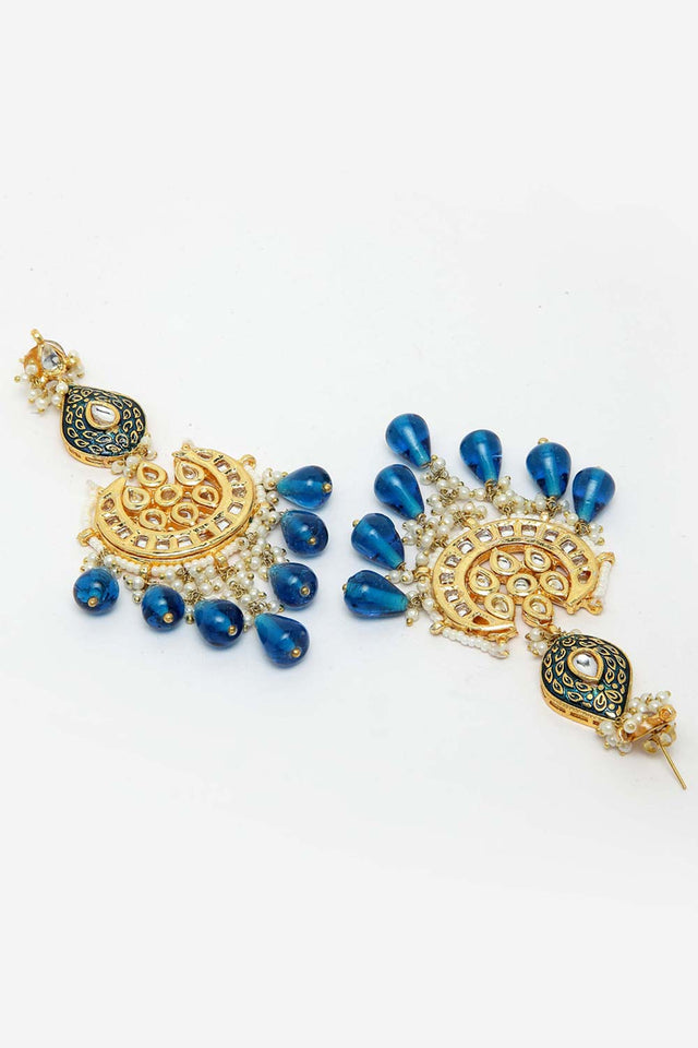 Blue And White Gold-Plated Kundan And Pearls Dangler Earring