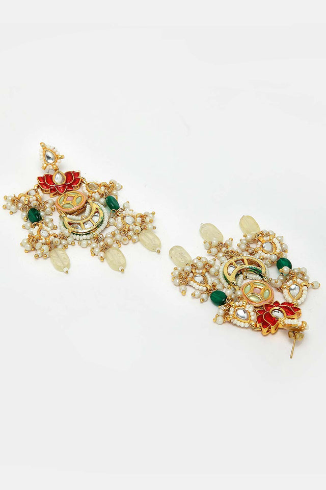Multi-Color And White Gold-Plated Kundan And Pearls Dangler Earring