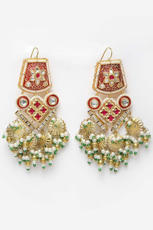 Multi-Color And White Gold-Plated Kundan And Pearls Dangler Earring