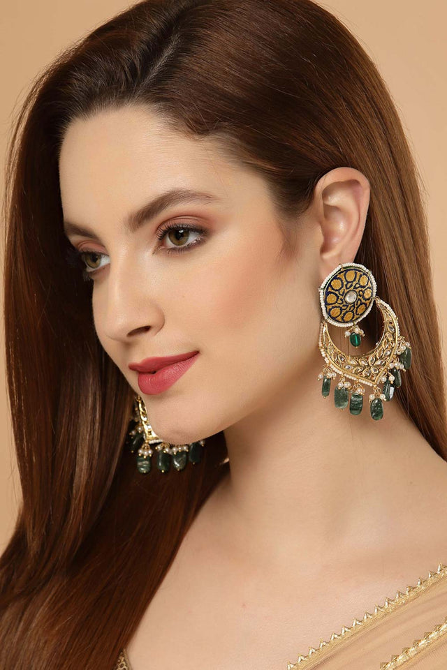 Blue And White Gold-Plated Kundan And Pearls Dangler Earring