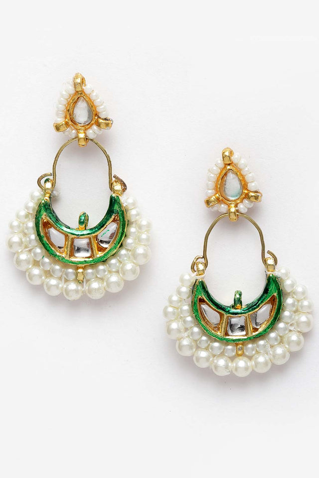 Green And White Gold-Plated Kundan And Pearls Dangler Earring