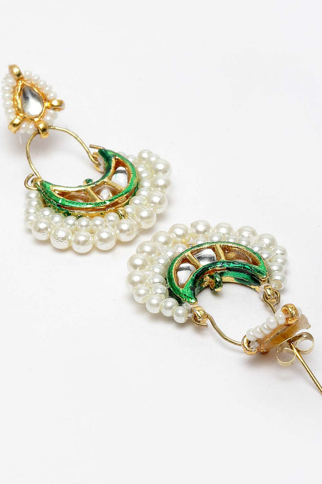 Green And White Gold-Plated Kundan And Pearls Dangler Earring