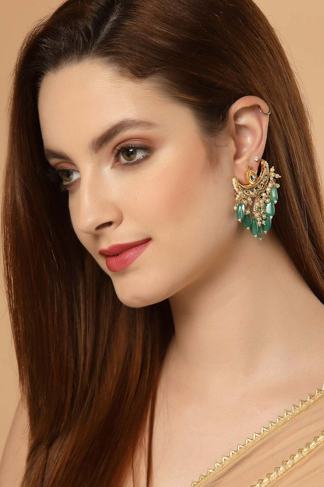 Green And White Gold-Plated Kundan And Pearls Dangler Earring