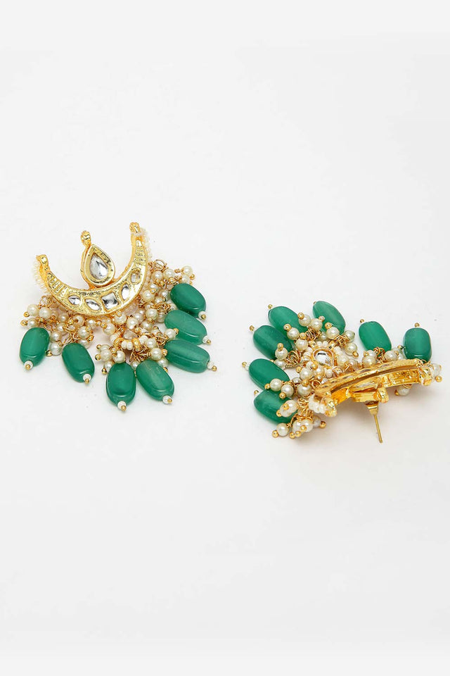 Green And White Gold-Plated Kundan And Pearls Dangler Earring