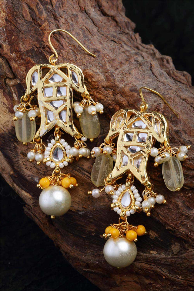 Yellow And White Gold-Plated Kundan And Pearls Dangler Earring