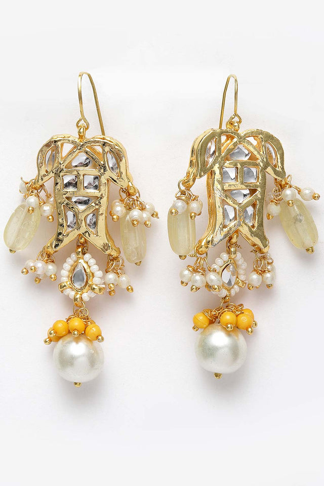 Yellow And White Gold-Plated Kundan And Pearls Dangler Earring
