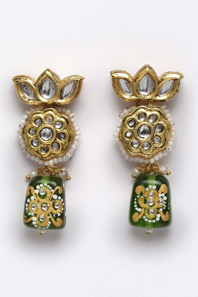 Green And White Gold-Plated Kundan And Pearls Dangler Earring