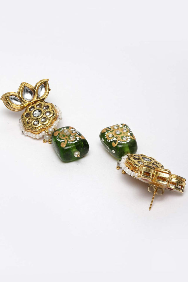 Green And White Gold-Plated Kundan And Pearls Dangler Earring