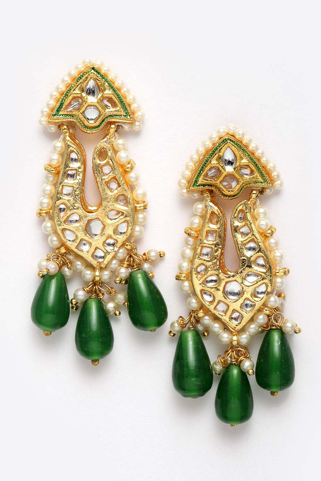 Green And White Gold-Plated Kundan And Pearls Dangler Earring